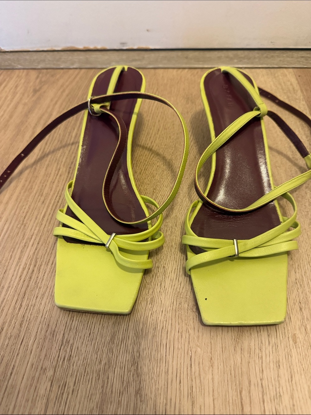 BY FAR Neon Yellow Square-Toe Strappy Sandals
